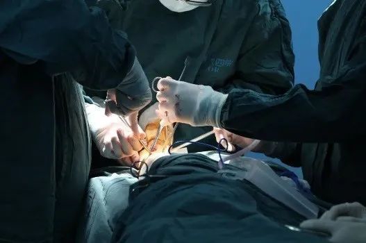 手术台上,普外科手术团队正在有条不紊地进行肝脏修补手术和脾脏切除