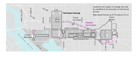 华盛顿特区设置围栏的范围。/ 《华盛顿邮报》网站截图