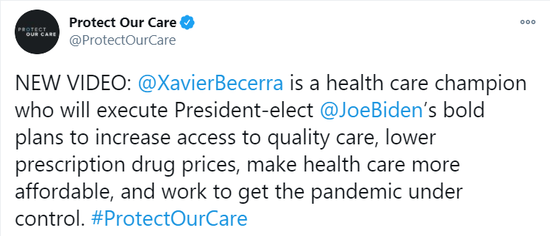 倡议组织“Protect Our Care”发布推文支持贝塞拉的任命决定。/推特截图