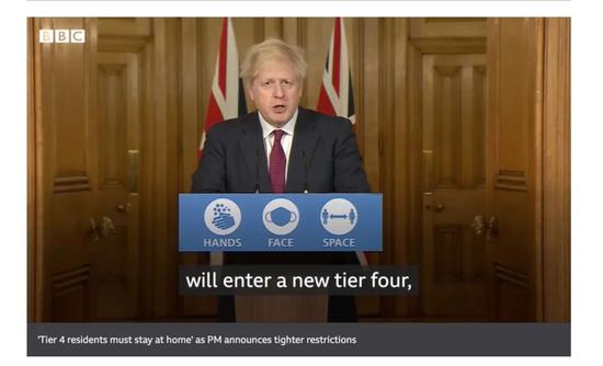英国首相约翰逊发表全国电视讲话。/ BBC网站截图