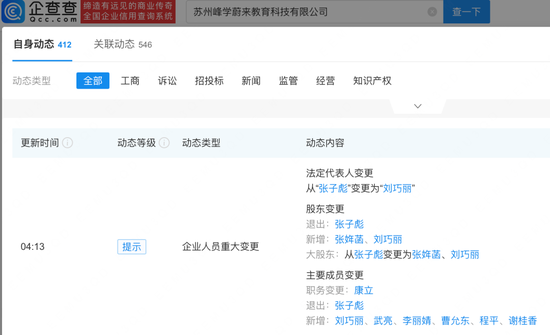 张雪峰女儿张姩菡再接手三家公司，张雪峰妻子李丽婧任峰学蔚来董事