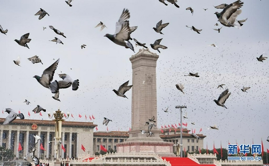 7月1日上午，庆祝中国共产党成立100周年大会在北京天安门广场隆重举行。这是庆祝大会现场和平鸽展翅高飞。新华社记者 孙非 摄