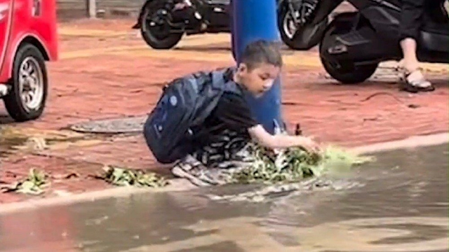 大雨过后,男孩徒手清理下水道堵塞物。谢谢你,可爱的小朋友!
