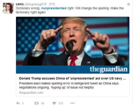 网友camz：词典错了，Unpresidented才是对的，快点更正拼写。让词典重新正确！