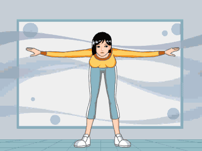 动作七：双腿与肩同宽，上半身与双腿垂直，用右手去碰左脚，用左手碰右脚，碰不到的话就碰脚踝。一组重复20次，做四组。