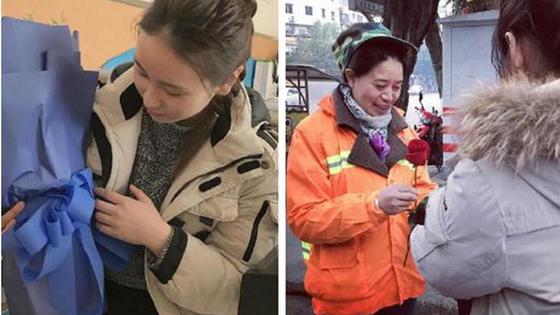 美女收到玫瑰 转赠他人