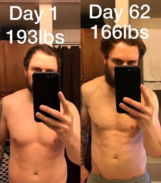 第1天和第62天对比照。实验结束后，安东尼的血脂降低，有益健康的高密度脂蛋白胆固醇水平提高，低密度脂蛋白胆固醇则降低了，并且他的甘油三酯也大幅下降。