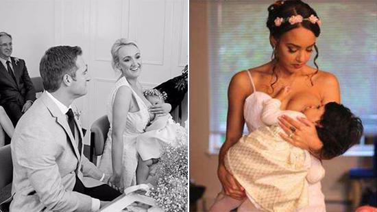 英国女子萝拉 (Laura Harvey) 晒出一张自己在婚礼上给孩子喂奶的照片，迅速获得众多网友回响。当天，她和男友一起去公证结婚，但因为16个月大的女儿一直很不安，她认为，婚礼在怎么难得，也没女儿重要，于是她把女儿抱在胸前，喂奶安抚她，让她知道，妈妈一直都在她身边。