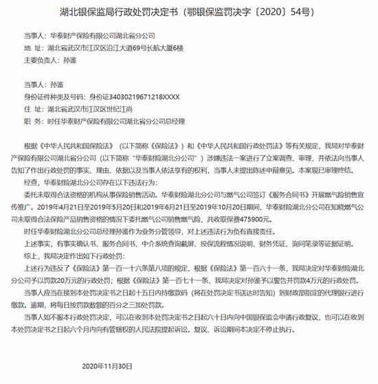 华泰财险湖北分公司被罚20万：委托无合法资格机构从事销售活动