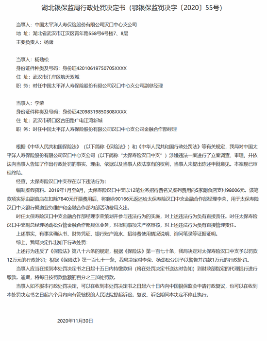 太平洋寿险汉口中支被罚12万：编制虚假资料