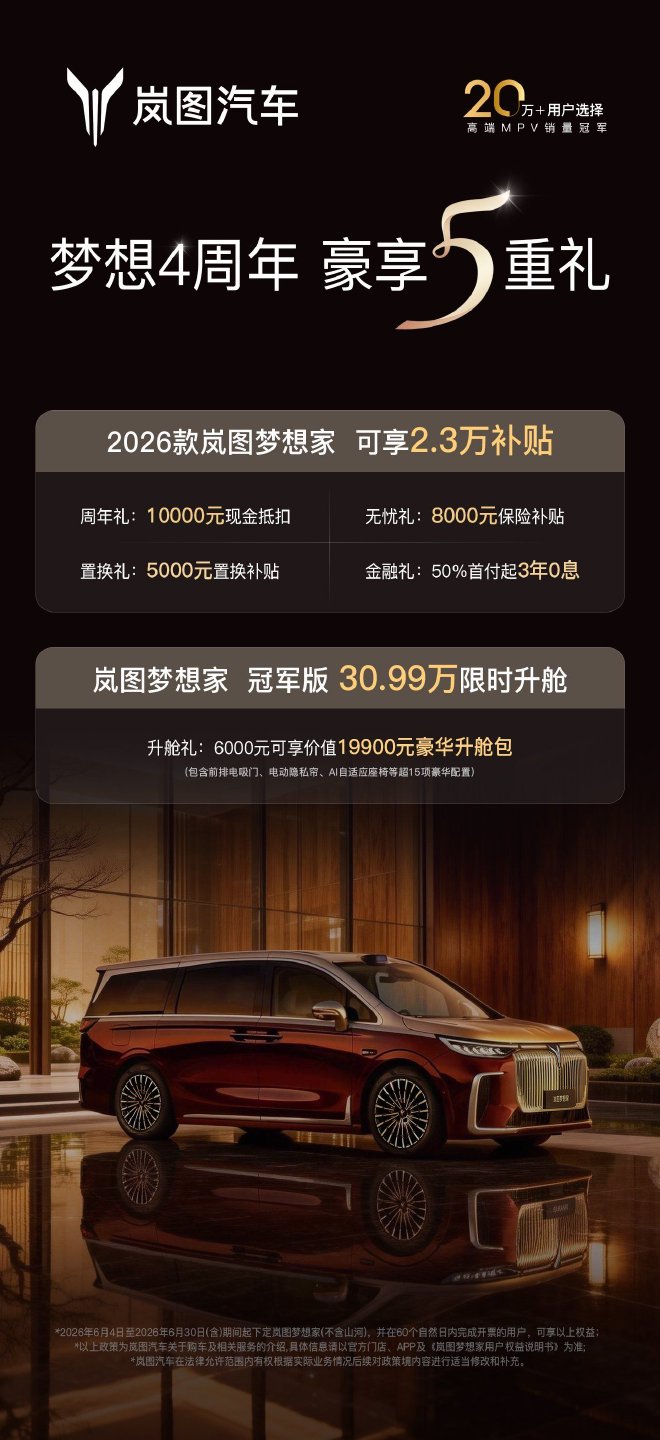 岚图梦想家四周年庆：限时补贴2.3万元，50%首付3年0息