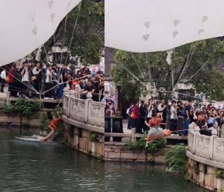 飞天女演员失控落湖