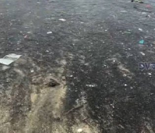 曝广东一海滩发黑海水混浊