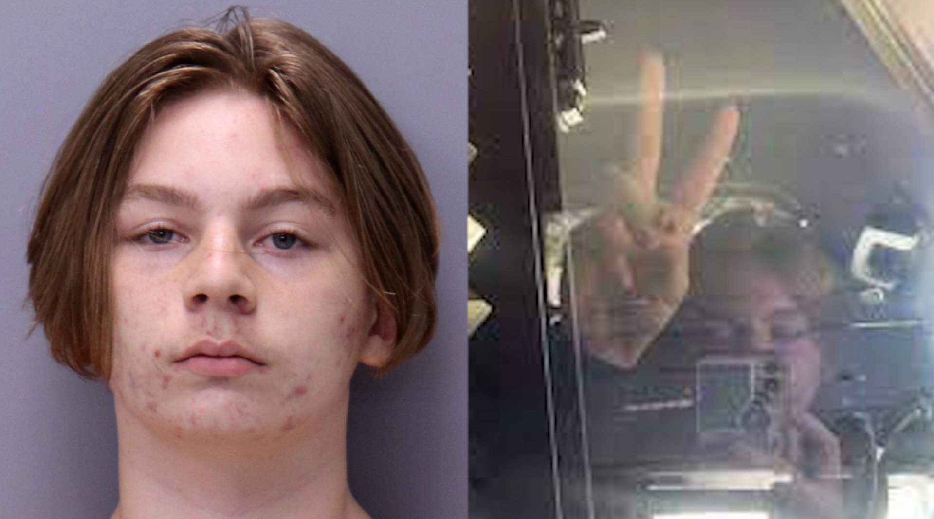 美国14岁少年刺死13岁女同学被捕后坐警车上比剪刀手自拍