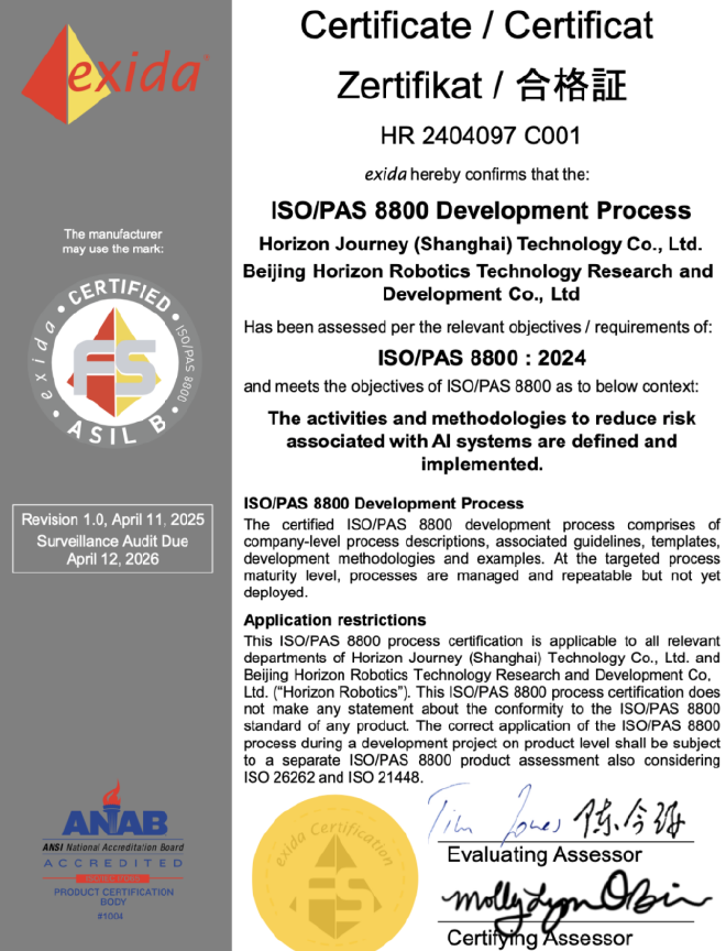 地平线荣获全球首张且唯一的ISO 8800道路车辆AI功能安全认证