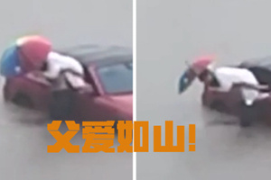 父爱如山：暴雨女子被困车中 爸爸赶来背她脱险