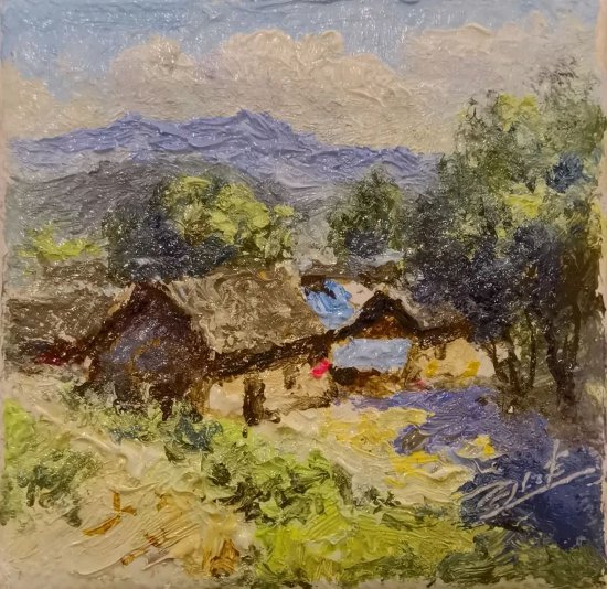 王健油画作品:《洒满阳光的农家小院》4x4㎝