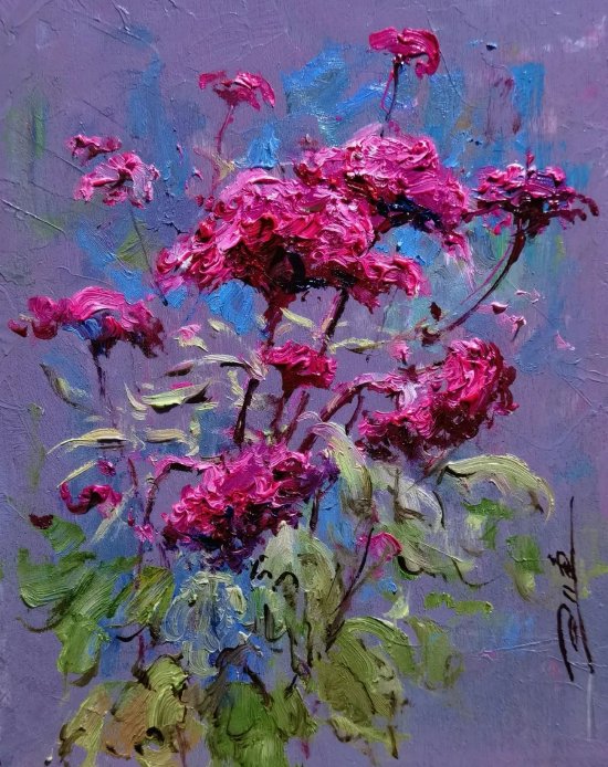 王健油画作品:《鸡冠花》13.5x17.5㎝