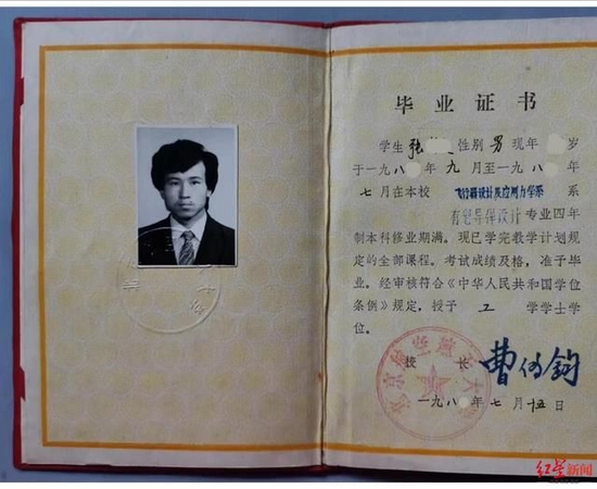 ▲張成文的本科畢業證