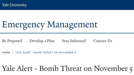 美国耶鲁大学应急管理部门通报11月5日炸弹威胁的情况。图/美国耶鲁大学应急管理部门官网截图