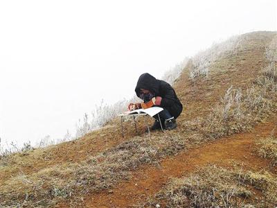 范天兰在家附近的山坡上网课。 资料图片