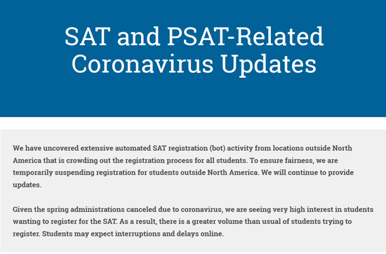 美国大学理事会将暂停北美以外地区学生的SAT注册