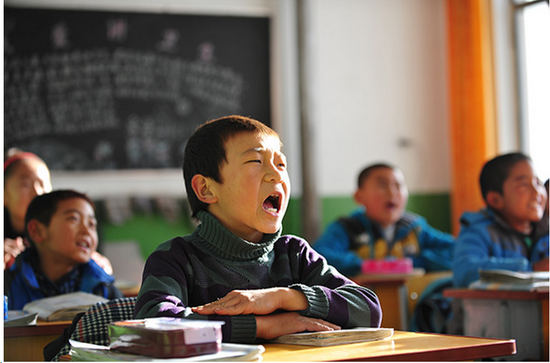 甘肃嘉峪关,语文课上,一位男孩大声朗读.视觉中国 资料