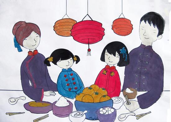 广东潮州夏校小学刘菲涂色作品《团圆》