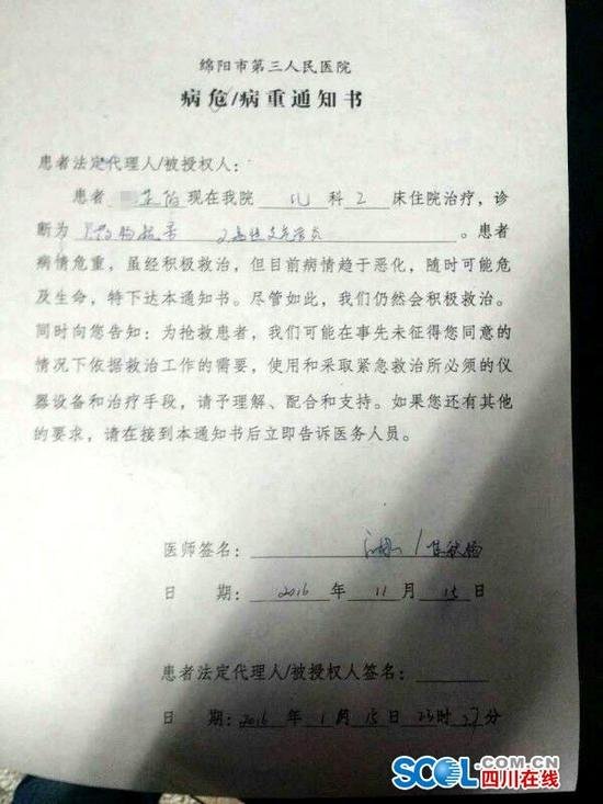 绵阳市第三人民医院下的病危通知书