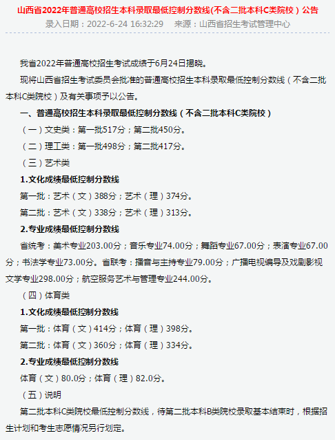 山西2022年高考分数线公布一本文科517分理科498分