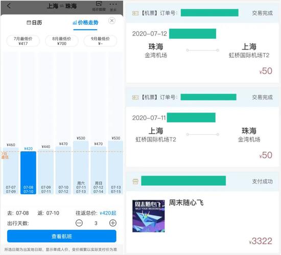 左图：上海往返珠海7月机票价参考  右图：购买周末随心飞同事的真实机票订单