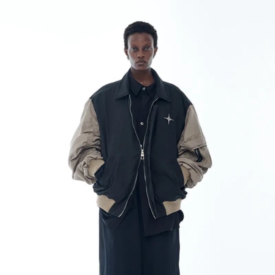 ANTERIOR LOVED 十字星抽皱撞色翻领宽松休闲空军夹克棉服