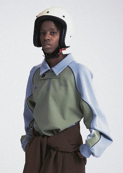 UMAMIISM 有茂密声摩托车双色 LOGO 印花长袖拼接 polo 衫