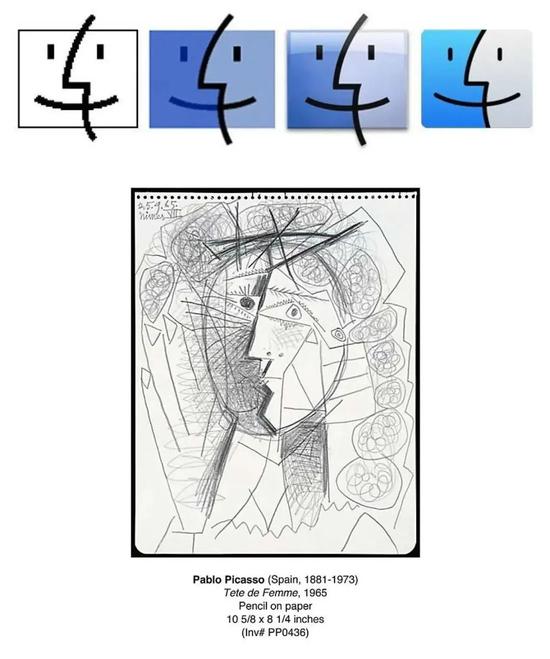 ▲应用在「访达」上的双面人笑脸图标，之后还迭代了数版，下图则是毕加索的双面人草稿画