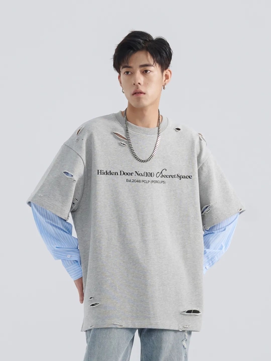 PCLP American fake two pieces ripped long sleeves