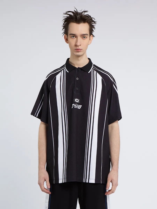  PIHO Thick Symmetrical Striped Sports Polo Shirt