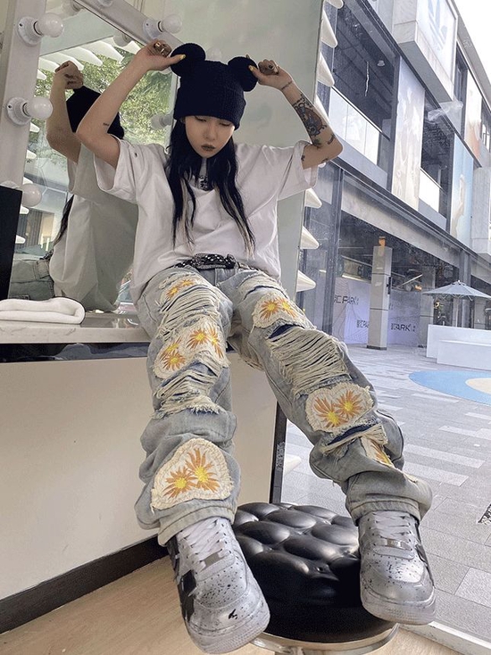 TOKI 小众雏菊贴布破坏设计水洗直筒长裤