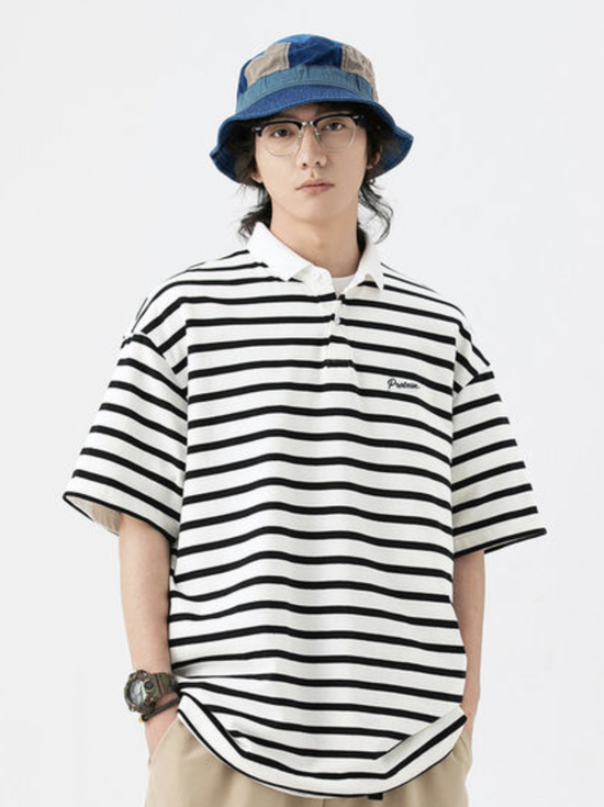 FAMK 条纹翻领短袖 POLO
