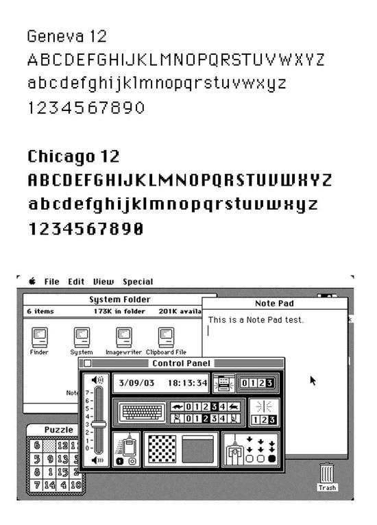 ▲Geneva 和 Chicago 字体对比，前者会更细一些，主要应用在文件夹名称等较小的界面上