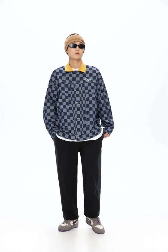 FAMK 棋盘格撞色翻领牛仔夹克