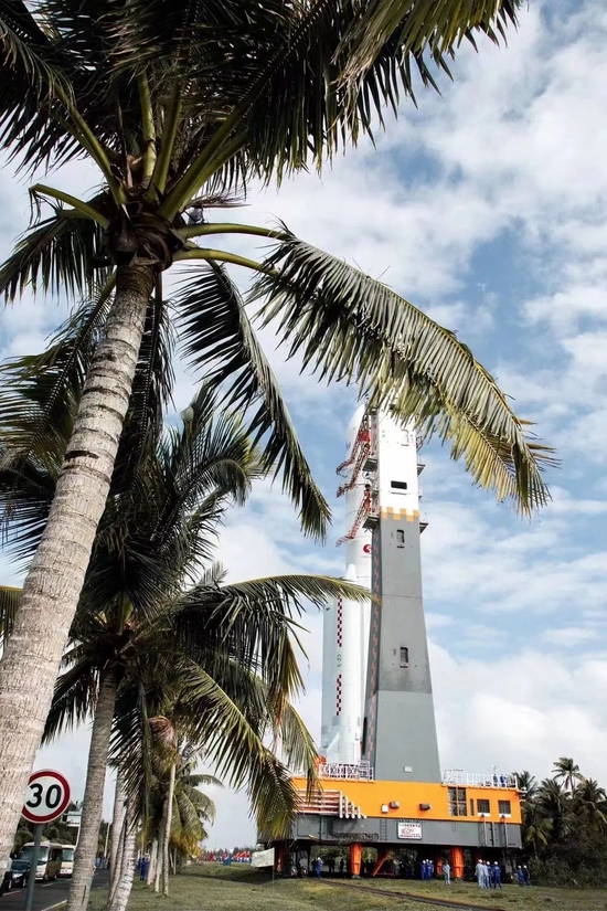A rocket shaded by coconut trees. Photography/Fly_To_Space