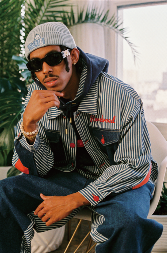 GRAF 牛仔细条纹拼接红色 AK47 天使刺绣宽大牛仔复古夹克