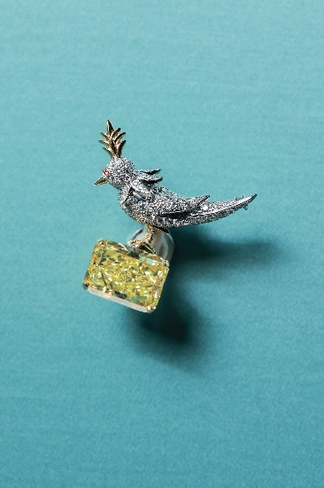 铂金及18k黄金镶嵌黄钻"石上鸟"胸针