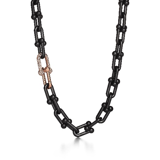 Tiffany & Co. 蒂芙尼HardWear系列黑色钛金及18K玫瑰金铺镶钻石链环项链