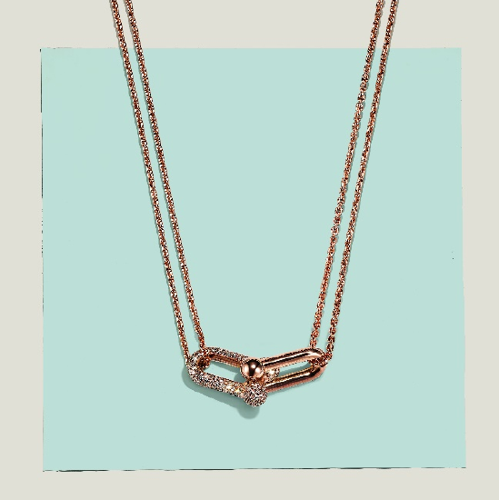 蒂芙尼hardwear系列18k玫瑰金铺镶钻石双链环项链