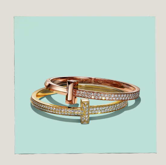 蒂芙尼t1系列18k玫瑰金镶钻宽式手镯及18k黄金镶钻宽式手镯