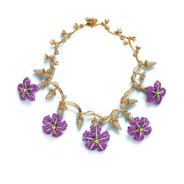 铂金及18k黄金镶嵌粉色蓝宝石及圆形明亮式切割钻石牵牛花造型项链