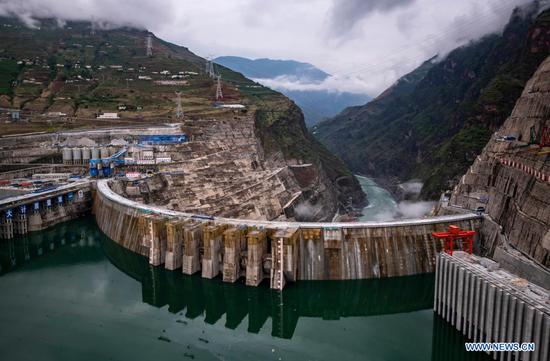 Photo taken on June 28, 2021 shows Baihetan hydropower station in southwest China. Baihetan hydropower station, the world's second largest in terms of total installed capacity, was officially put into use in southwest China, with two generating units in operation on Monday. (Xinhua/Jiang Wenyao)