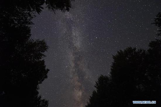 This long-time exposure photo shows the starry sky over a forest park in Fuyuan, northeast China's Heilongjiang Province, Aug. 20, 2020. (Xinhua/Xie Jianfei)