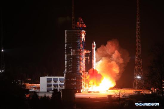 A new communication technology experiment satellite is launched at 11:36 p.m. (Beijing Time) by a Long March-3B carrier rocket at the Xichang Satellite Launch Center in Xichang, southwest China's Sichuan Province, Feb. 4, 2021. The satellite will be used in communication, radio, television and data transmission, as well as technology tests. This launch marked the 360th mission for the Long March series carrier rockets. (Photo by Zhang Jing/Xinhua)